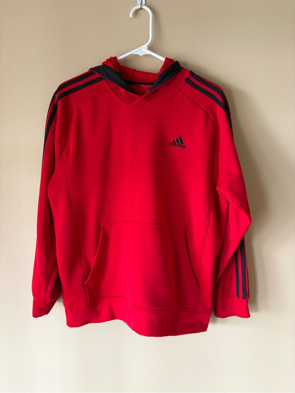 adidas Red Pullover Hoodie with Black Stripes